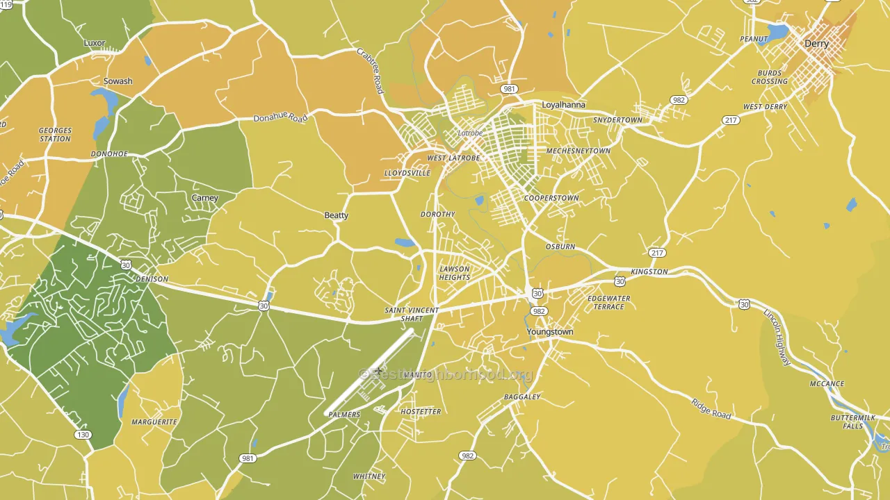 Map of the best neighborhoods in the 15650 area, with better matches in green and worse matches in red
