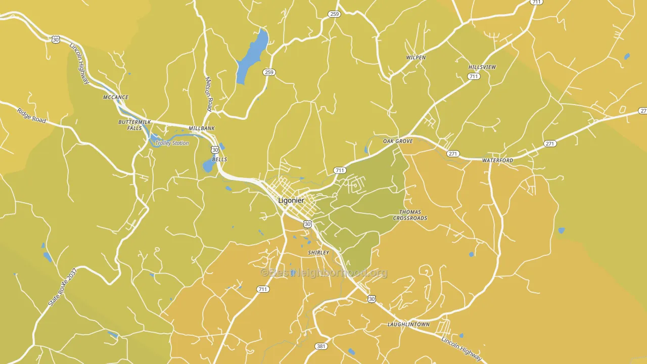 Map of the best neighborhoods in the 15658 area, with better matches in green and worse matches in red