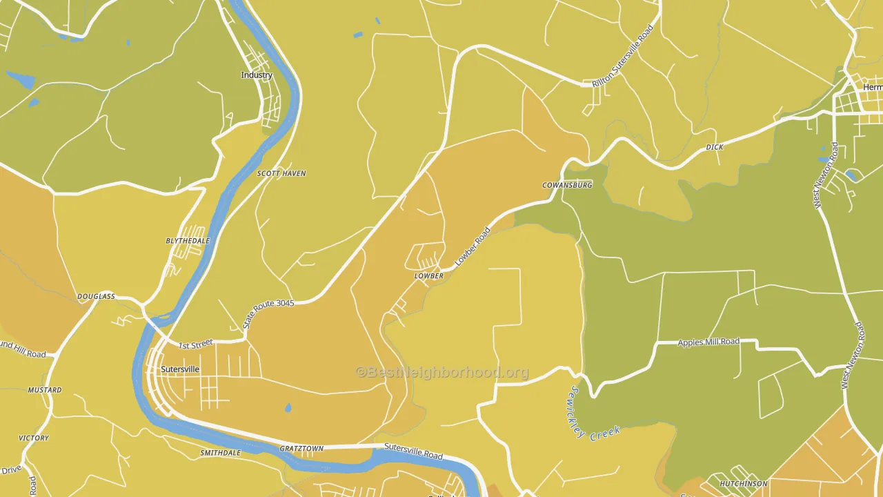 Map of the best neighborhoods in the 15660 area, with better matches in green and worse matches in red