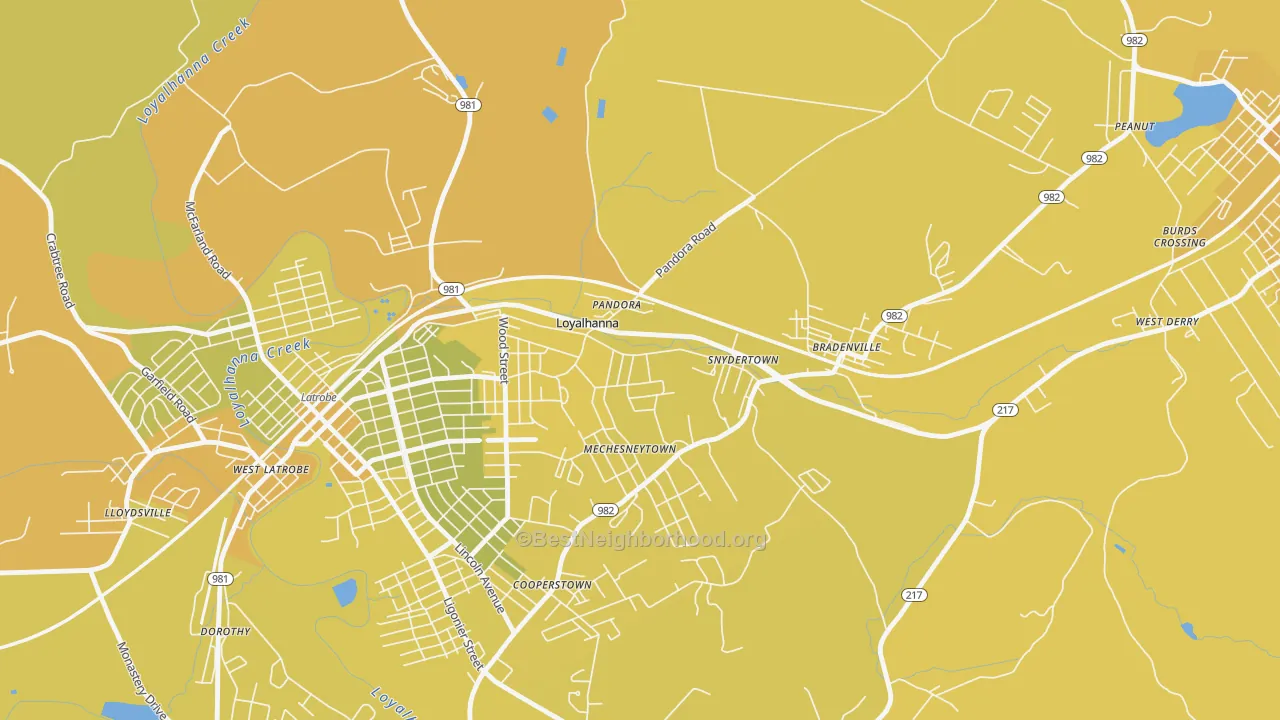 Map of the best neighborhoods in the 15661 area, with better matches in green and worse matches in red