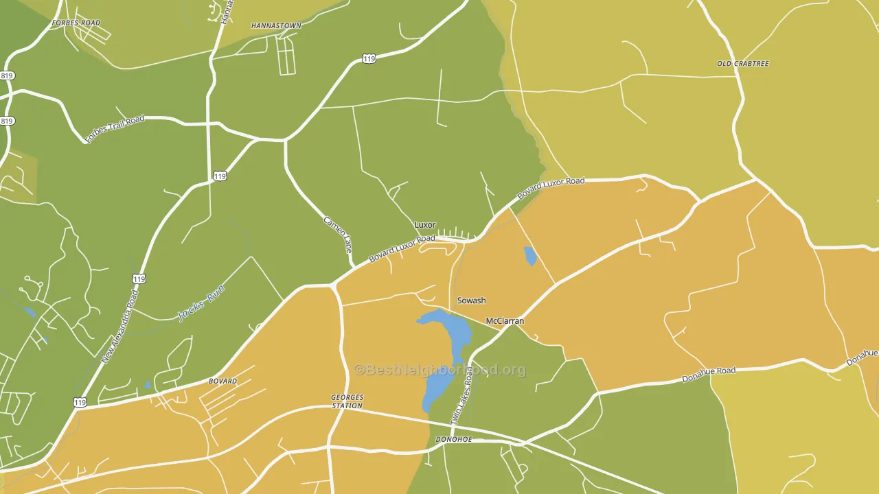 Map of the best neighborhoods in the 15662 area, with better matches in green and worse matches in red