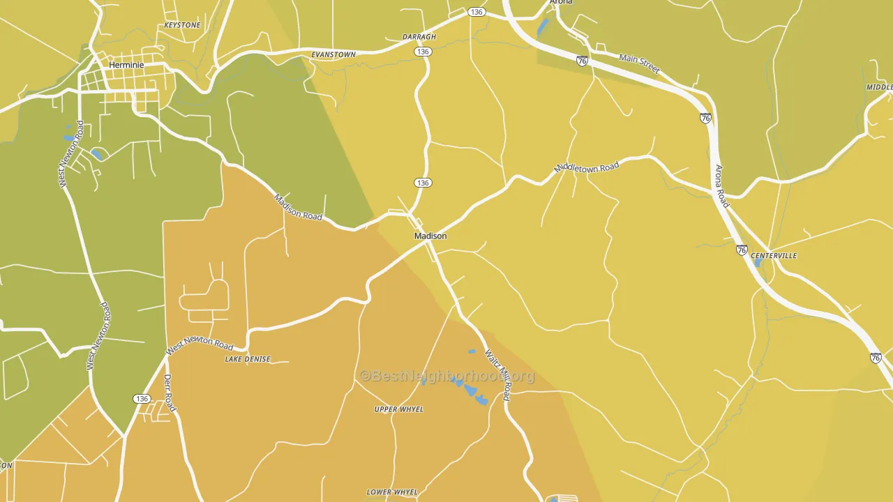 Map of the best neighborhoods in the 15663 area, with better matches in green and worse matches in red