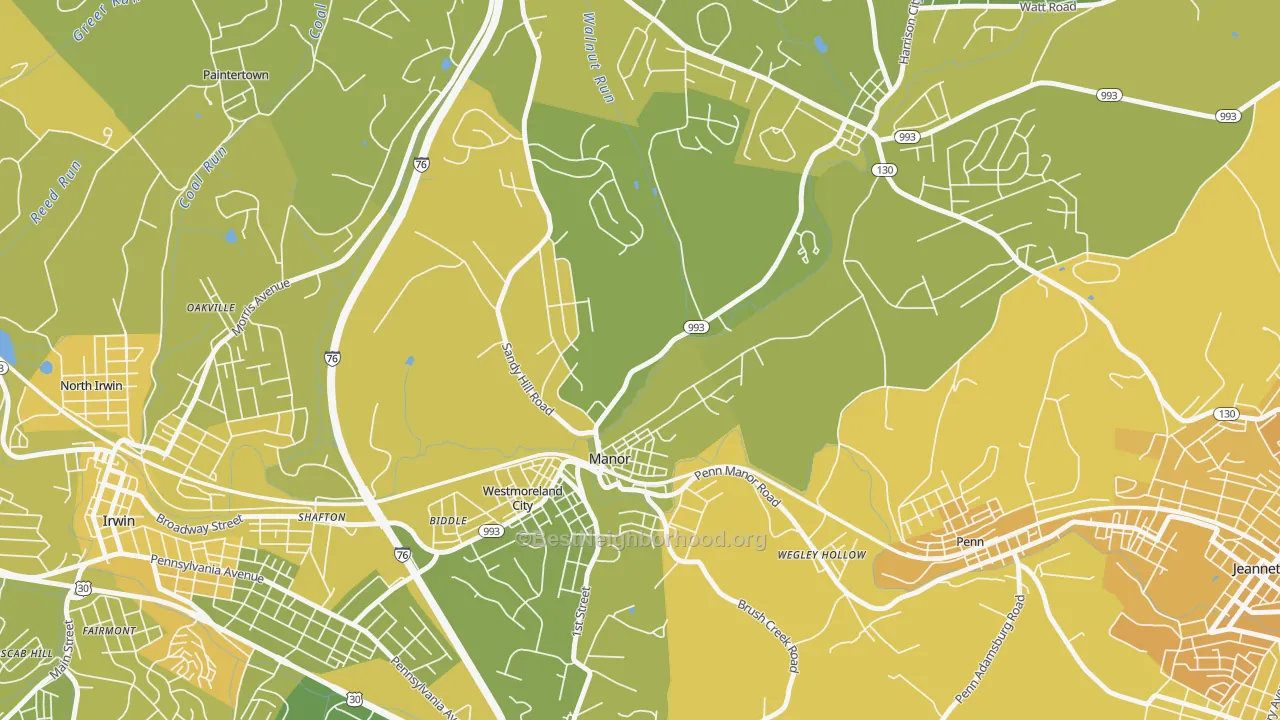 Map of the best neighborhoods in the 15665 area, with better matches in green and worse matches in red