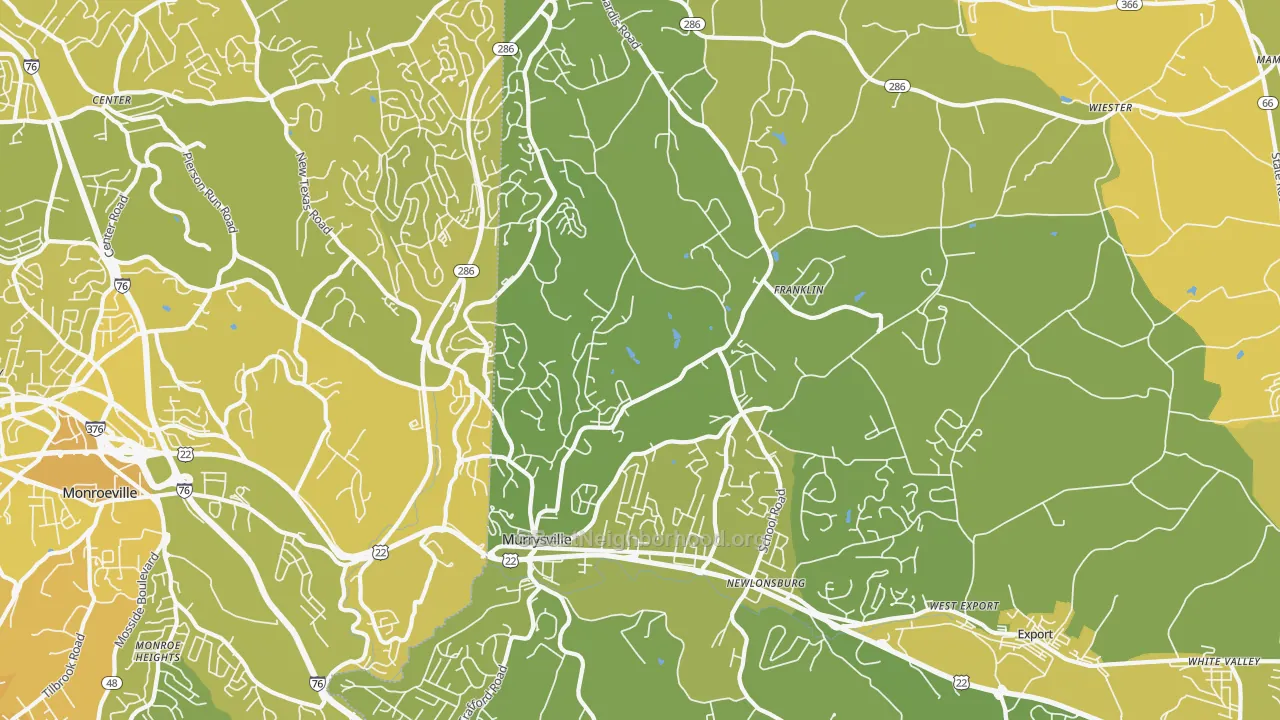 Map of the best neighborhoods in the 15668 area, with better matches in green and worse matches in red