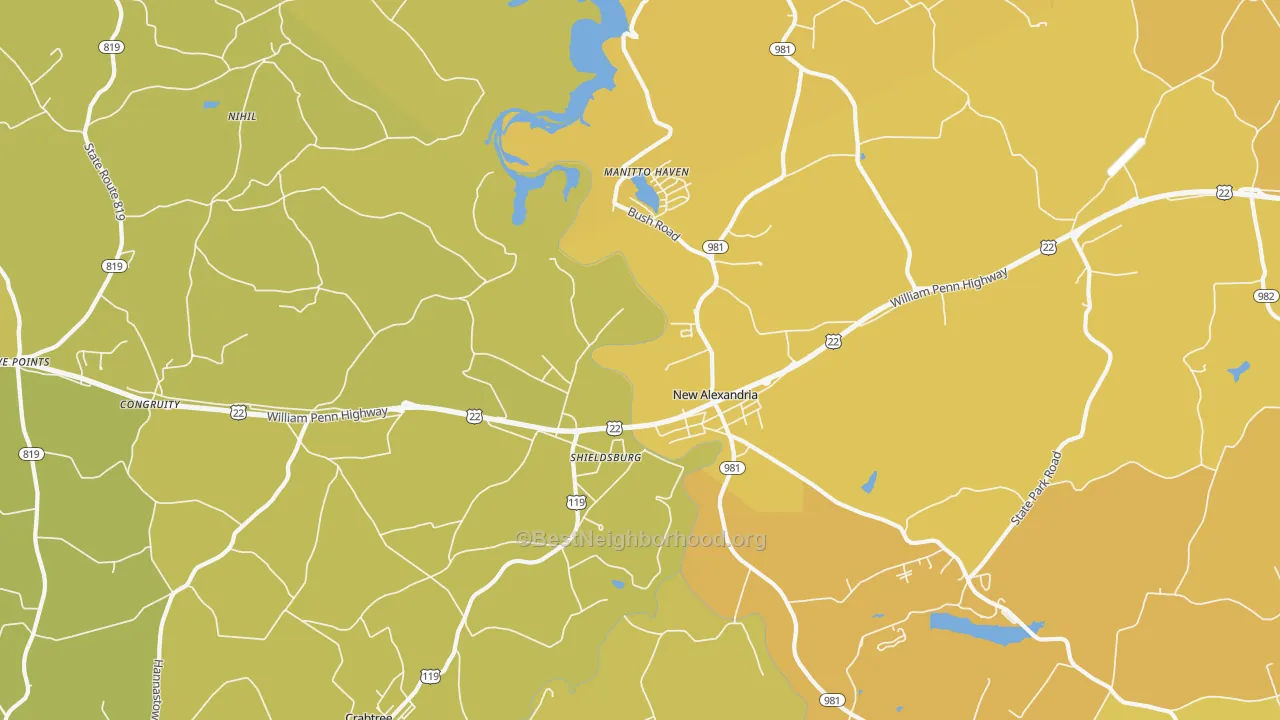Map of the best neighborhoods in the 15670 area, with better matches in green and worse matches in red