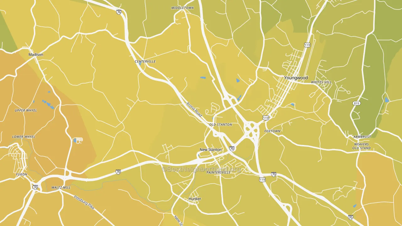 Map of the best neighborhoods in the 15672 area, with better matches in green and worse matches in red