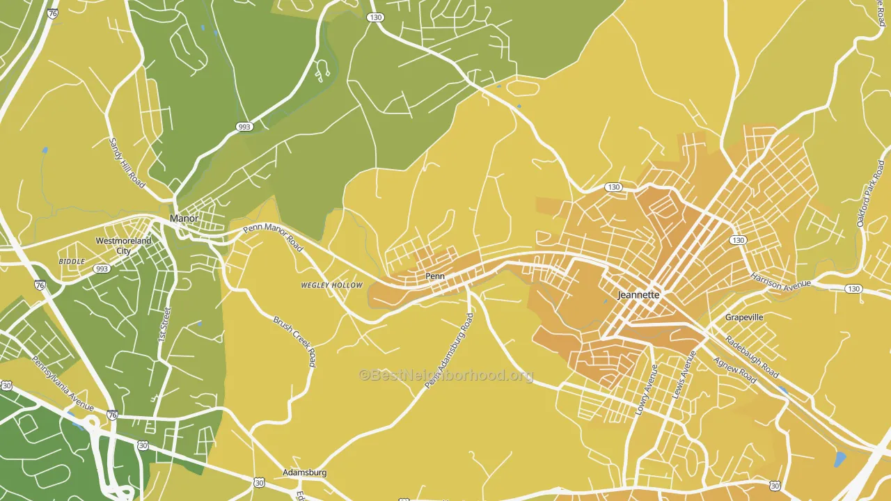 Map of the best neighborhoods in the 15675 area, with better matches in green and worse matches in red