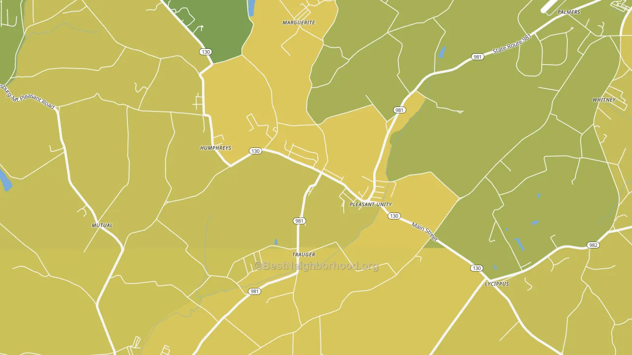 Map of the best neighborhoods in the 15676 area, with better matches in green and worse matches in red