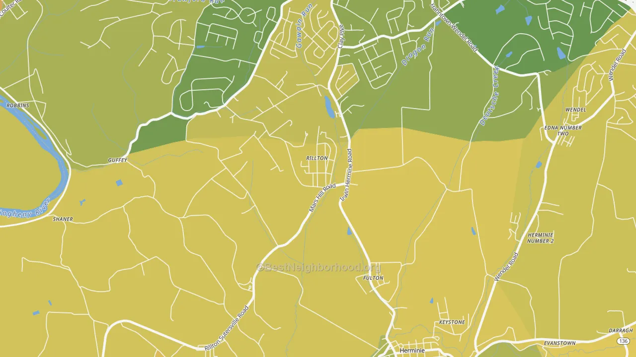 Map of the best neighborhoods in the 15678 area, with better matches in green and worse matches in red