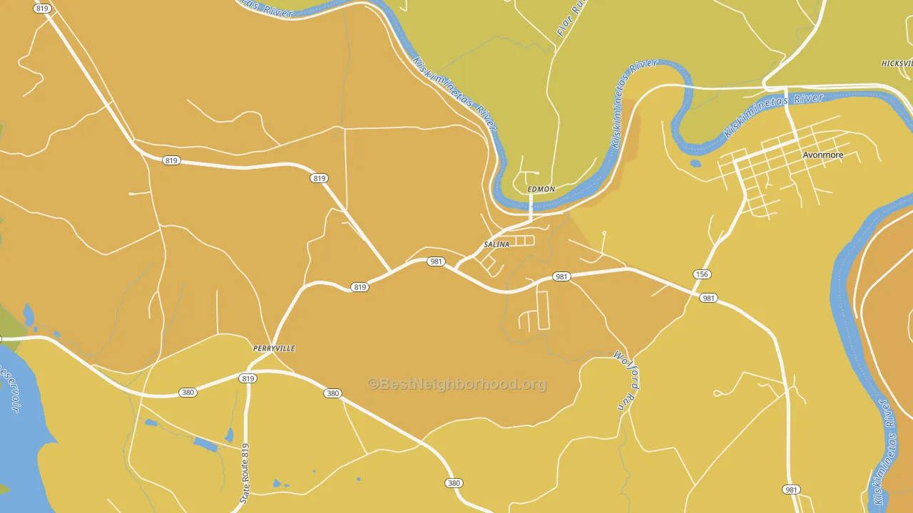 Map of the best neighborhoods in the 15680 area, with better matches in green and worse matches in red