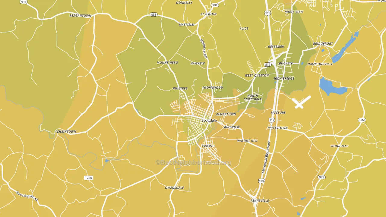 Map of the best neighborhoods in the 15683 area, with better matches in green and worse matches in red