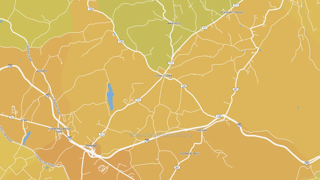 Map of the best neighborhoods in the 15687 area, with better matches in green and worse matches in red