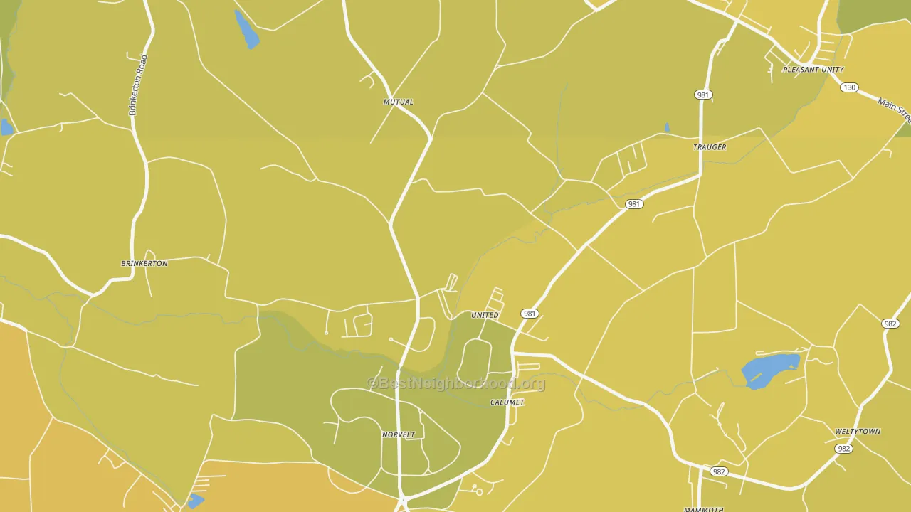 Map of the best neighborhoods in the 15689 area, with better matches in green and worse matches in red