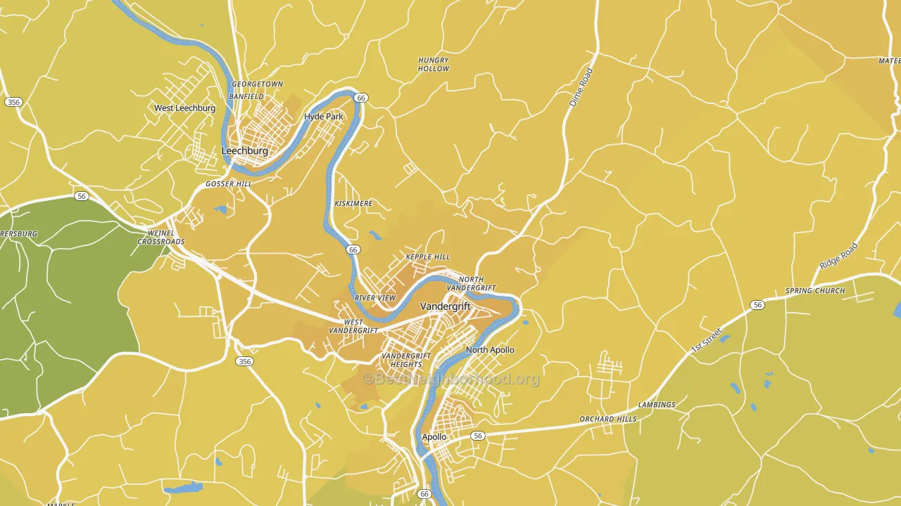 Map of the best neighborhoods in the 15690 area, with better matches in green and worse matches in red