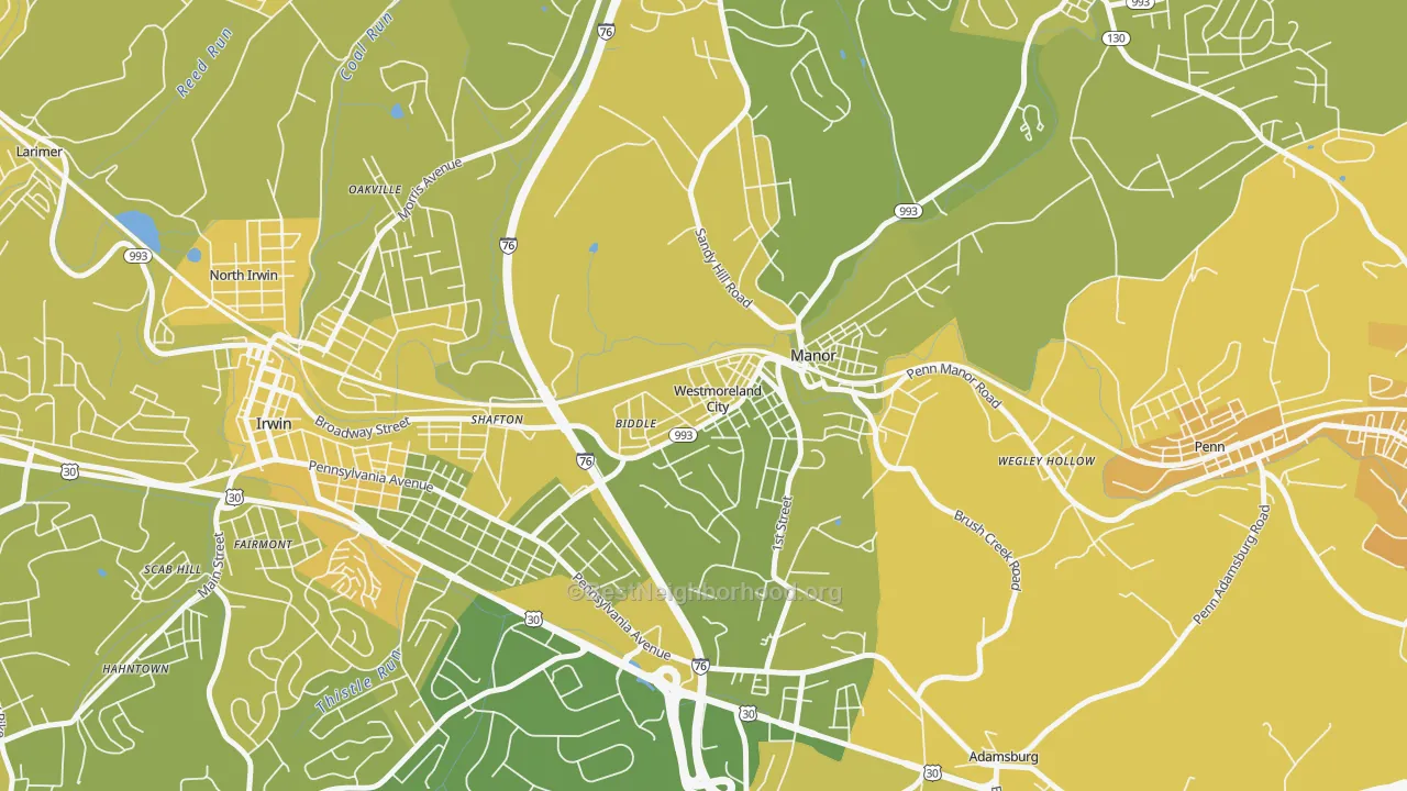 Map of the best neighborhoods in the 15692 area, with better matches in green and worse matches in red