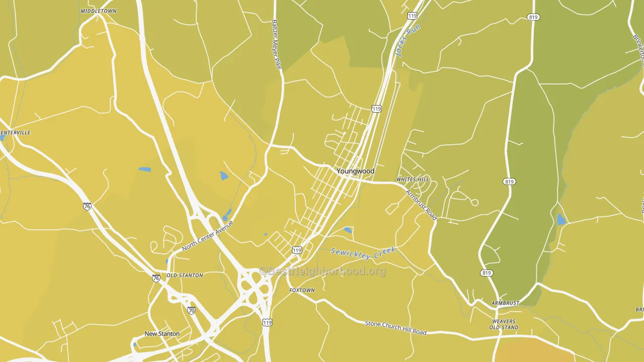 Map of the best neighborhoods in the 15697 area, with better matches in green and worse matches in red