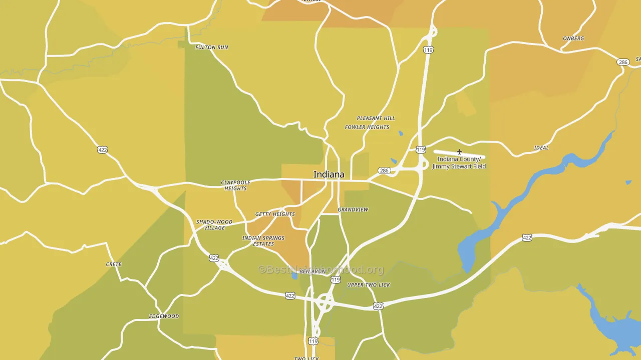 Map of the best neighborhoods in the 15701 area, with better matches in green and worse matches in red
