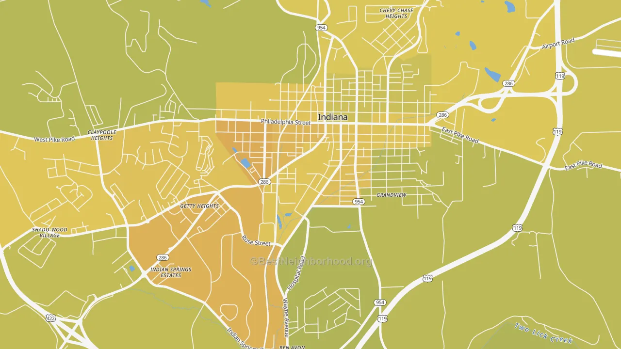 Map of the best neighborhoods in the 15705 area, with better matches in green and worse matches in red
