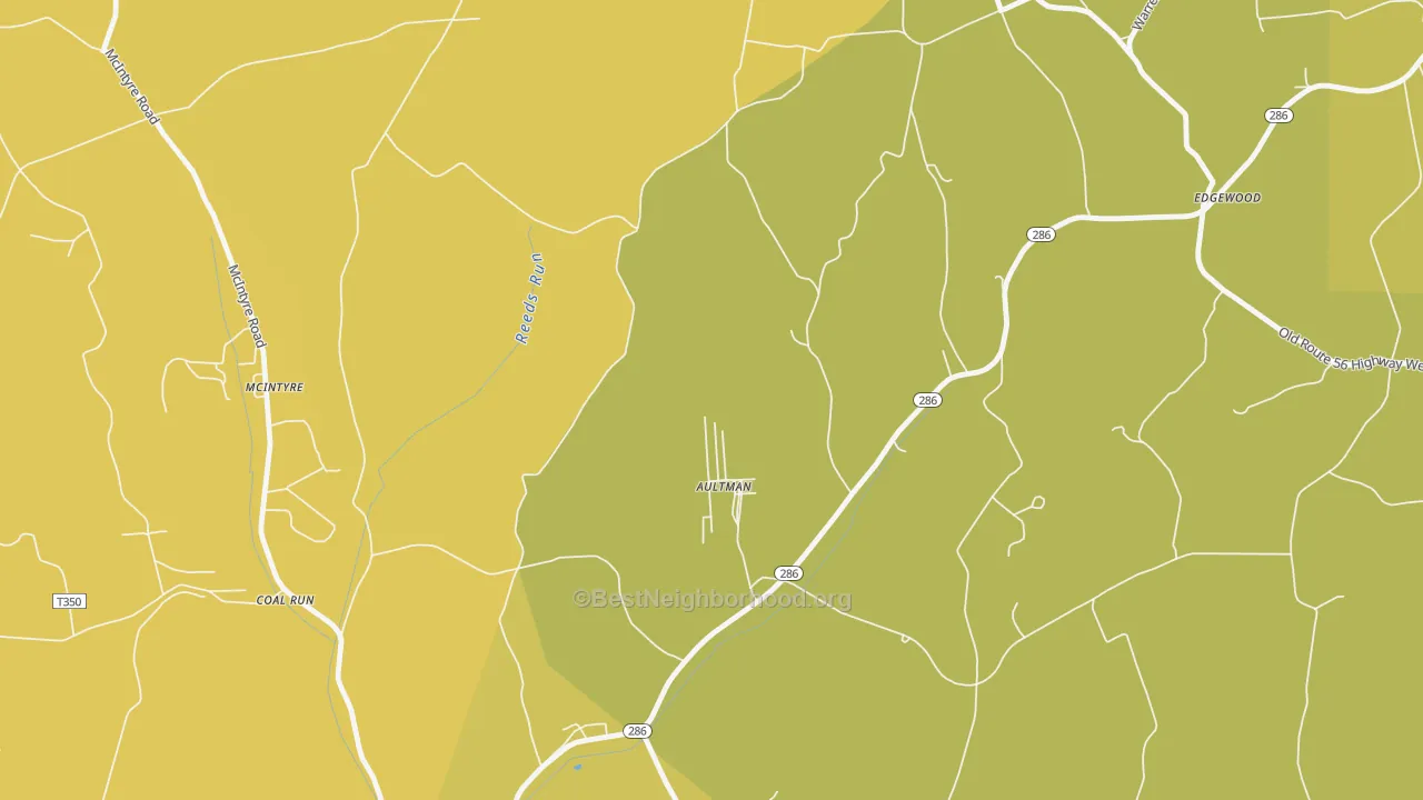 Map of the best neighborhoods in the 15713 area, with better matches in green and worse matches in red