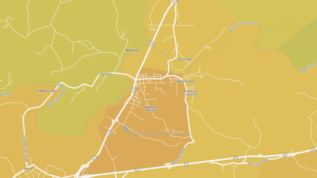 Map of the best neighborhoods in the 15716 area, with better matches in green and worse matches in red