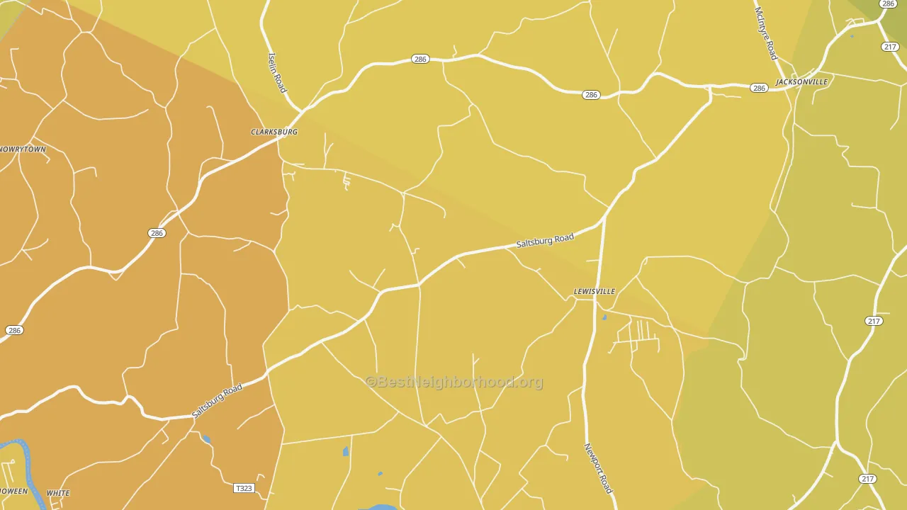 Map of the best neighborhoods in the 15725 area, with better matches in green and worse matches in red