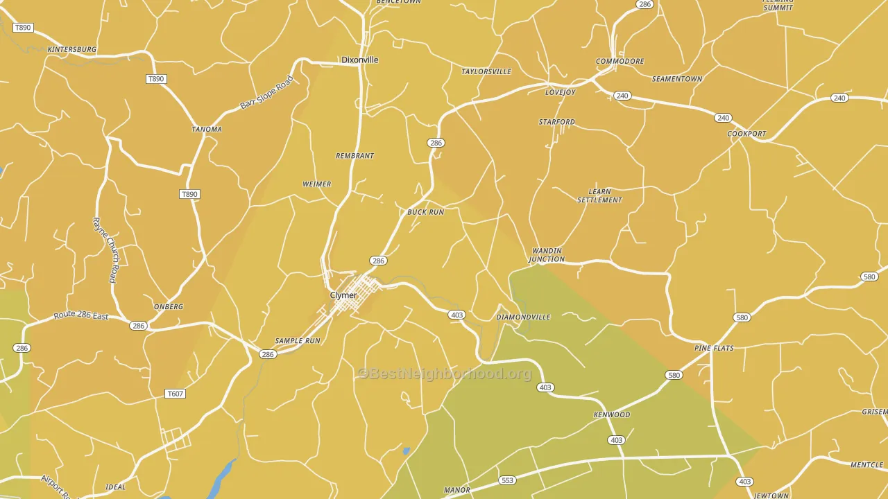 Map of the best neighborhoods in the 15728 area, with better matches in green and worse matches in red