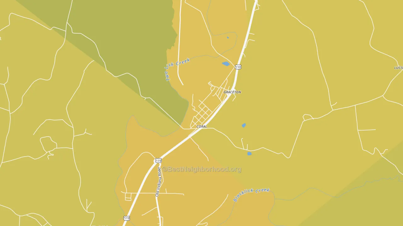 Map of the best neighborhoods in the 15731 area, with better matches in green and worse matches in red