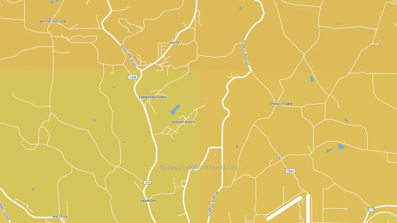 Map of the best neighborhoods in the 15733 area, with better matches in green and worse matches in red