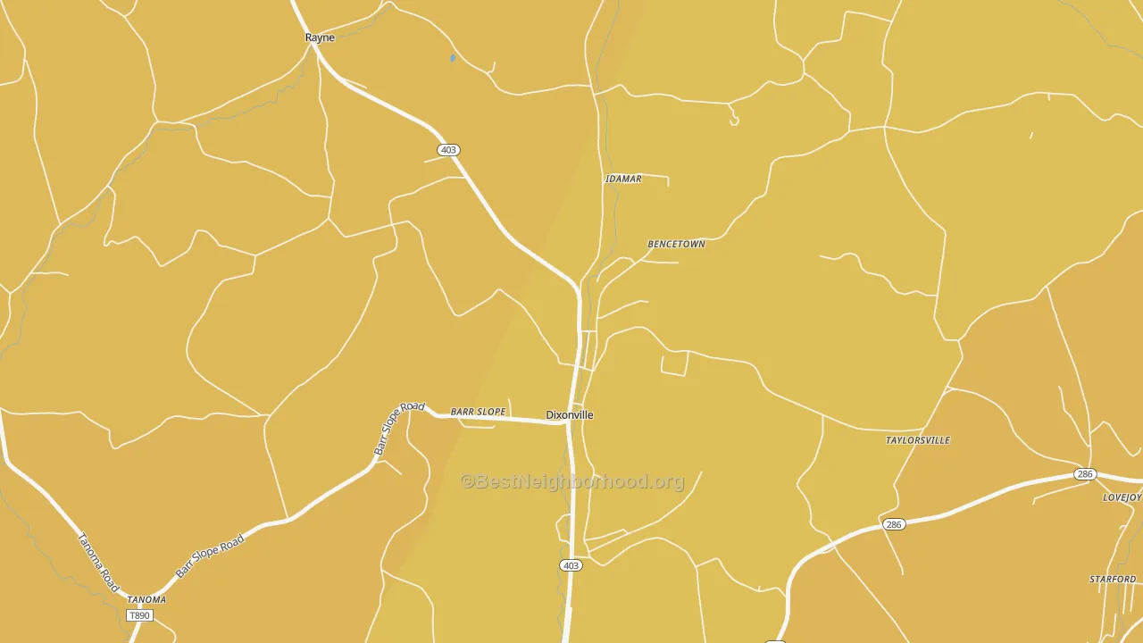 Map of the best neighborhoods in the 15734 area, with better matches in green and worse matches in red