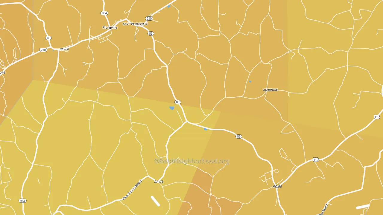 Map of the best neighborhoods in the 15747 area, with better matches in green and worse matches in red
