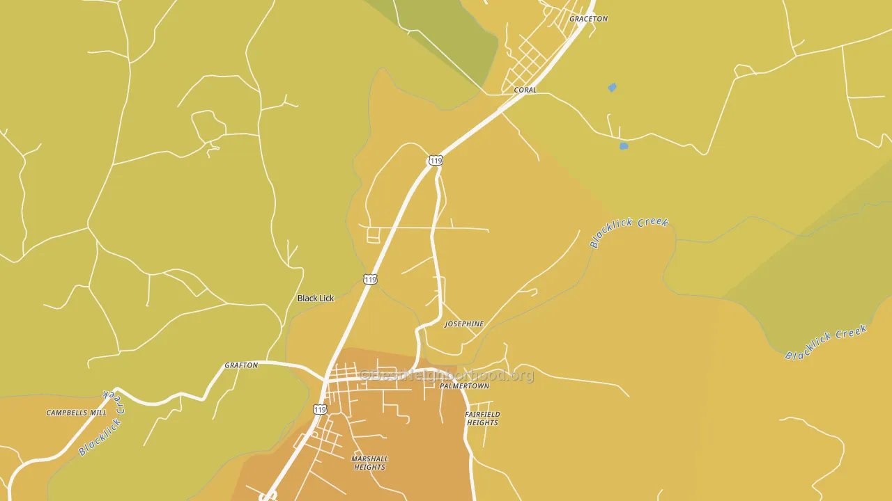 Map of the best neighborhoods in the 15750 area, with better matches in green and worse matches in red