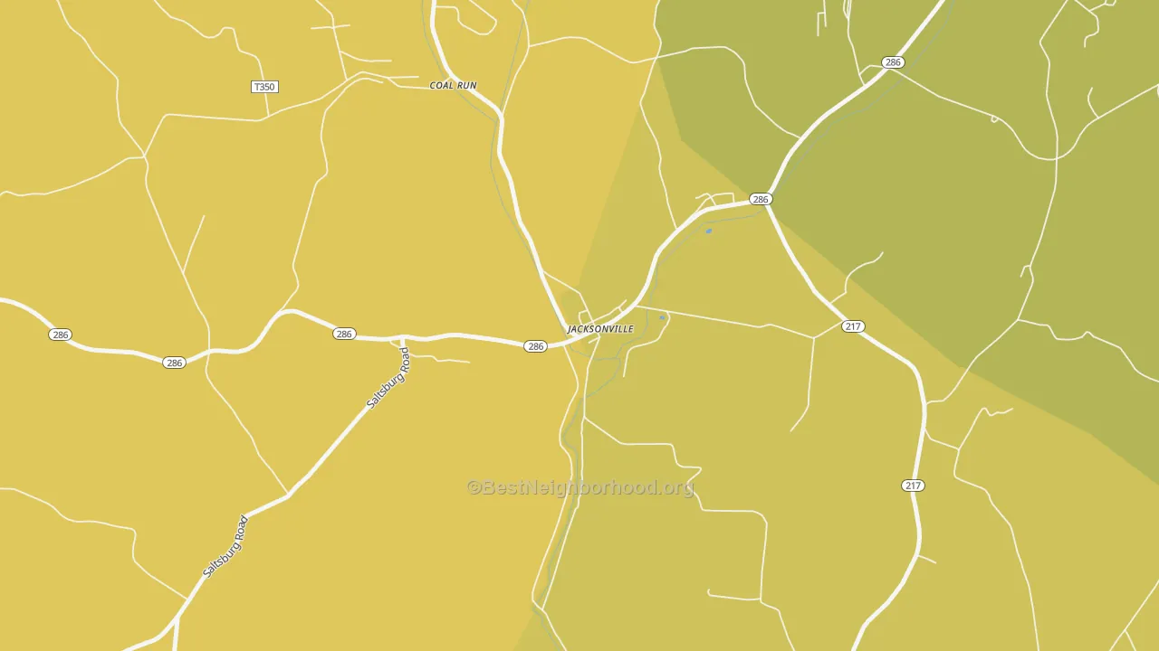 Map of the best neighborhoods in the 15752 area, with better matches in green and worse matches in red