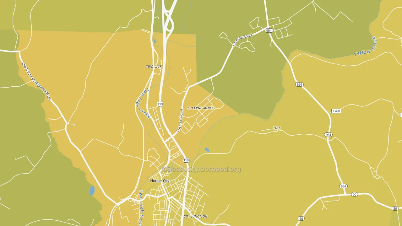 Map of the best neighborhoods in the 15754 area, with better matches in green and worse matches in red