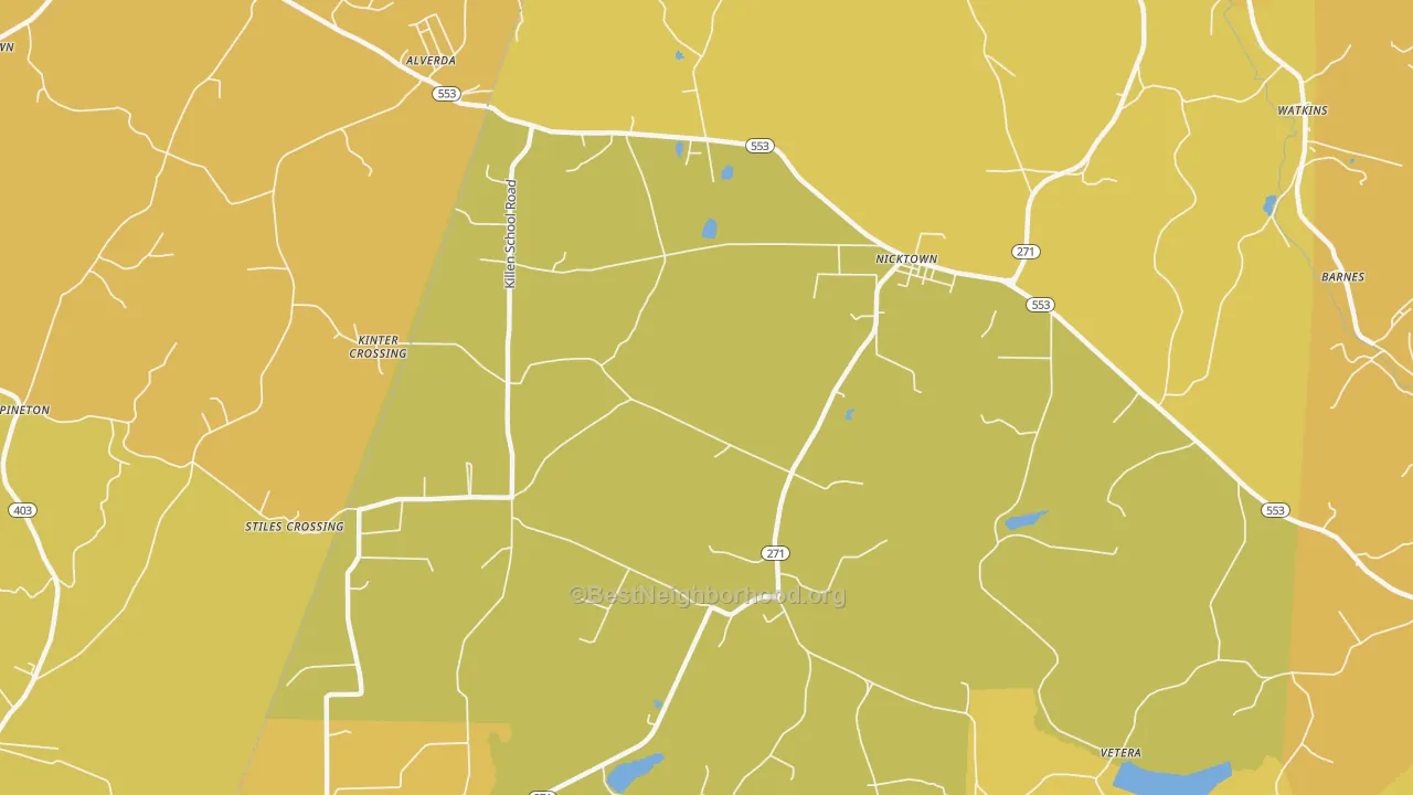 Map of the best neighborhoods in the 15762 area, with better matches in green and worse matches in red
