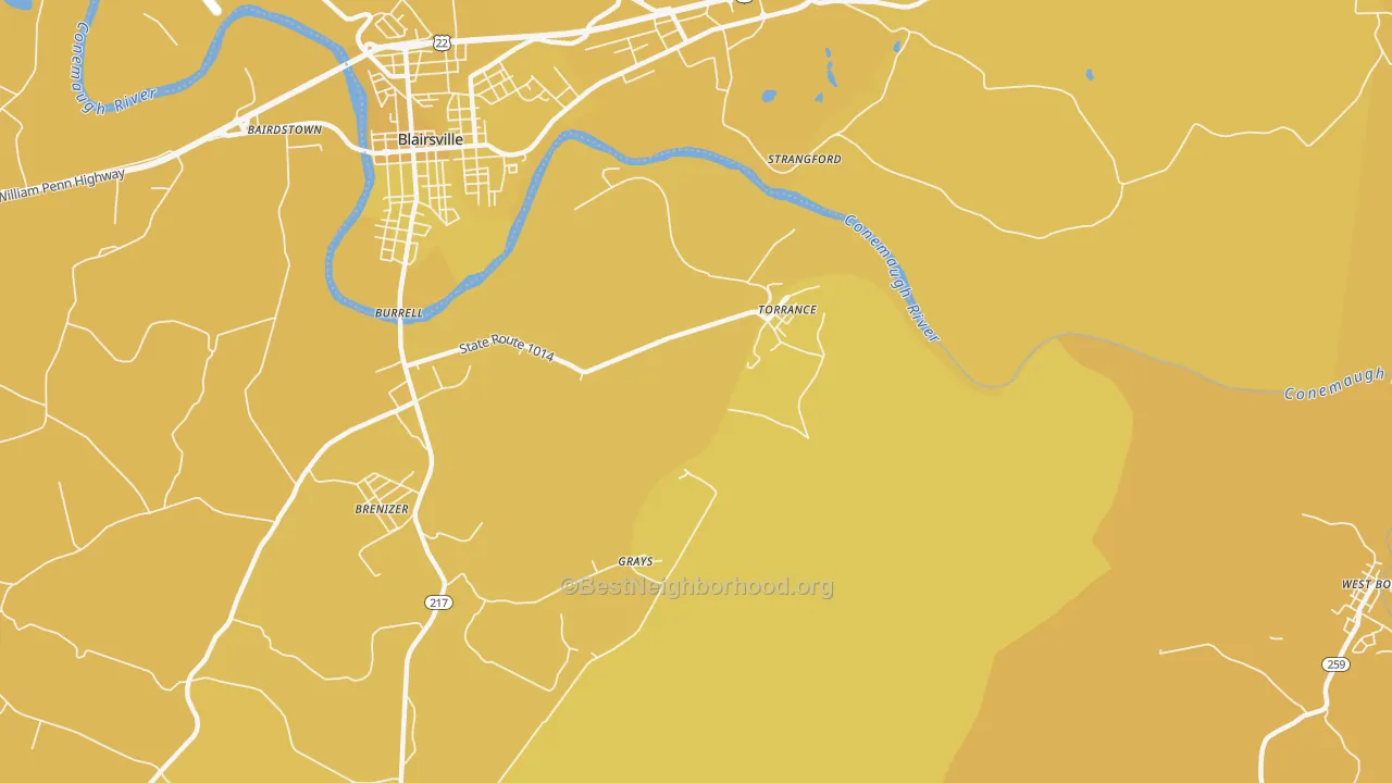 Map of the best neighborhoods in the 15779 area, with better matches in green and worse matches in red
