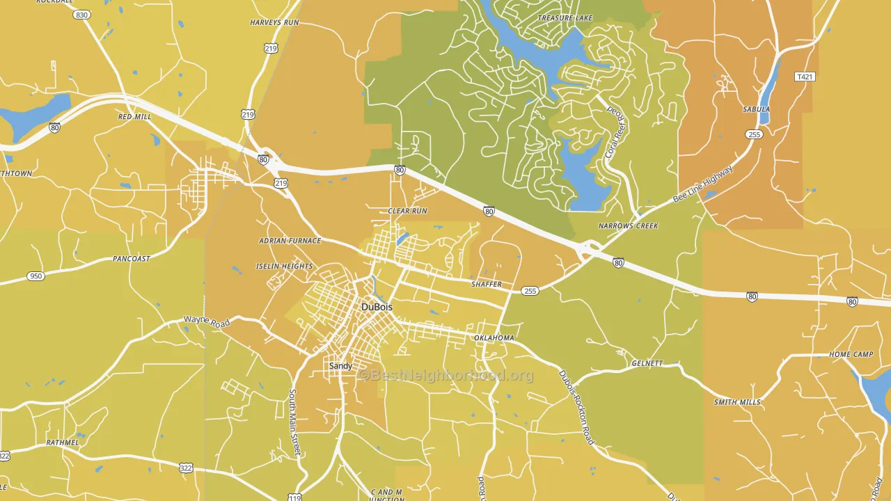 Map of the best neighborhoods in the 15801 area, with better matches in green and worse matches in red