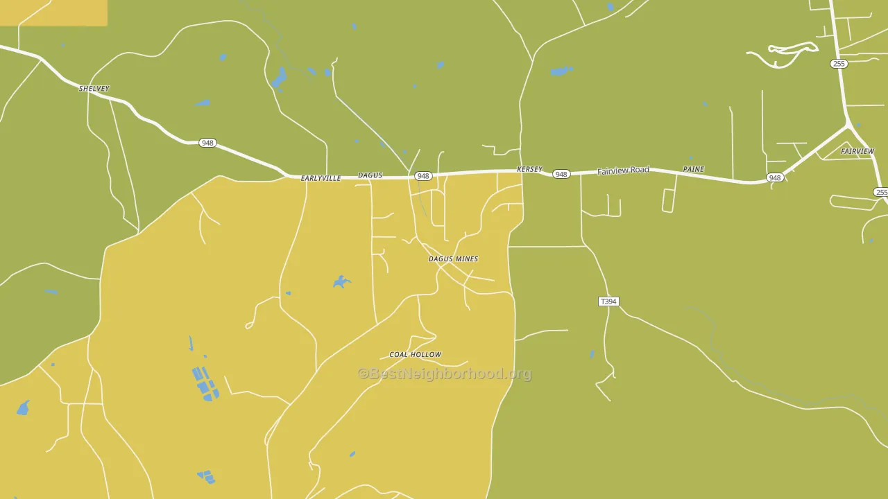 Map of the best neighborhoods in the 15831 area, with better matches in green and worse matches in red