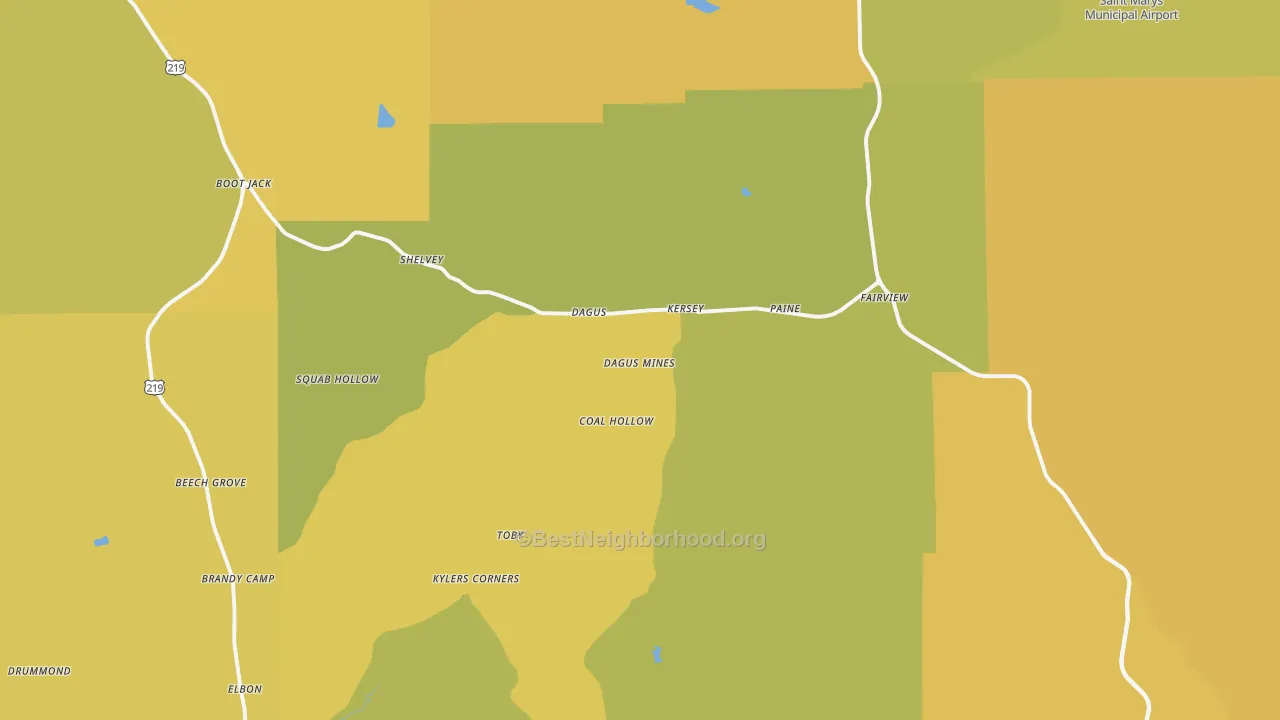 Map of the best neighborhoods in the 15846 area, with better matches in green and worse matches in red