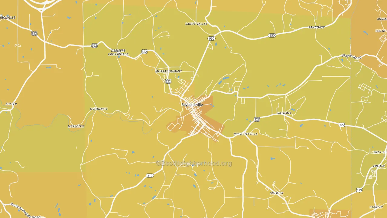 Map of the best neighborhoods in the 15851 area, with better matches in green and worse matches in red