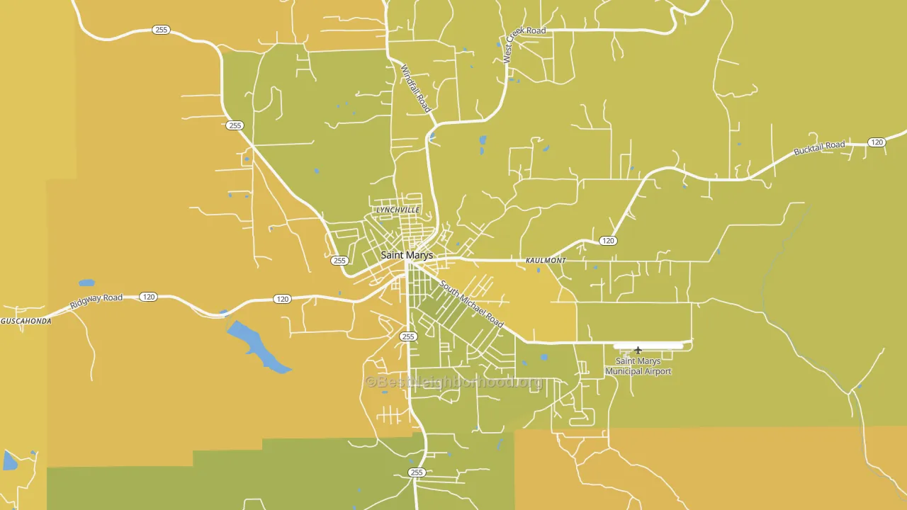 Map of the best neighborhoods in the 15857 area, with better matches in green and worse matches in red