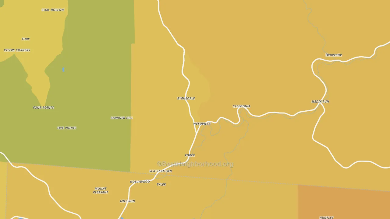 Map of the best neighborhoods in the 15868 area, with better matches in green and worse matches in red
