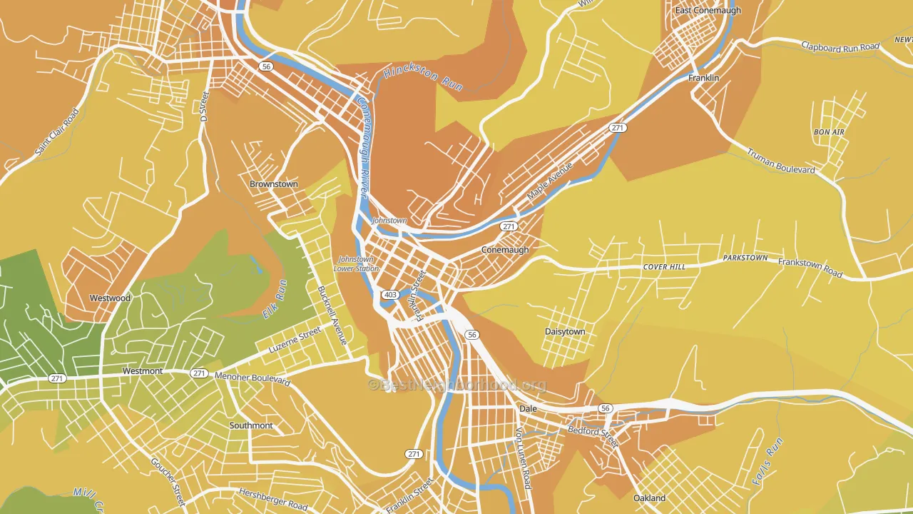 Map of the best neighborhoods in the 15901 area, with better matches in green and worse matches in red