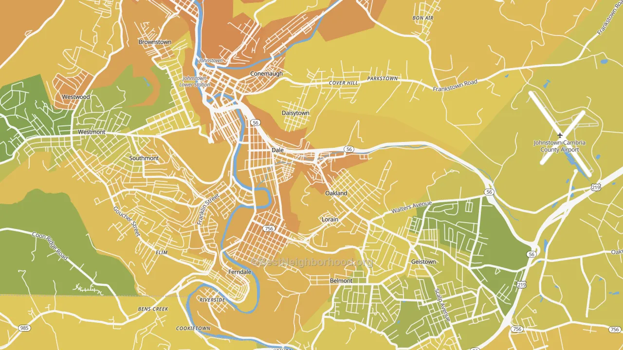 Map of the best neighborhoods in the 15902 area, with better matches in green and worse matches in red