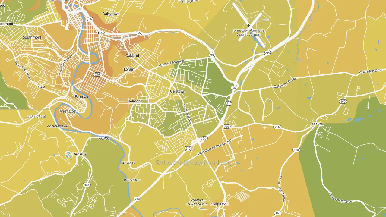 Map of the best neighborhoods in the 15904 area, with better matches in green and worse matches in red