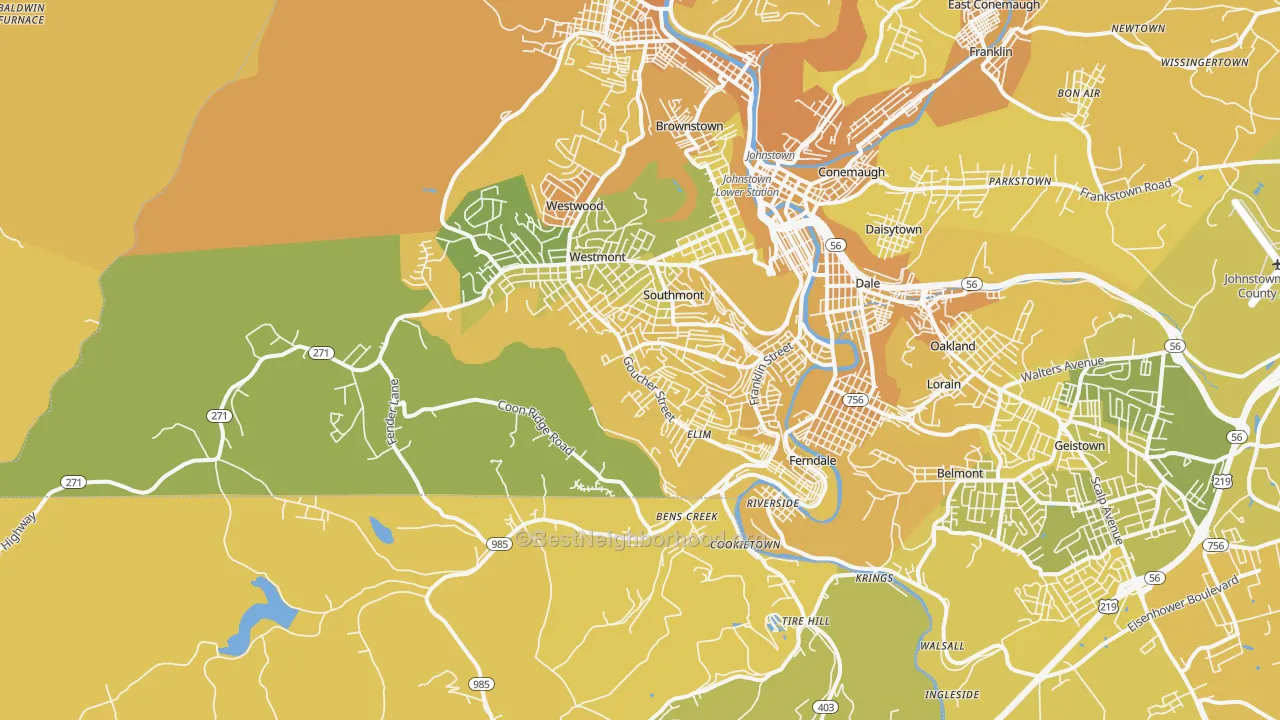 Map of the best neighborhoods in the 15905 area, with better matches in green and worse matches in red