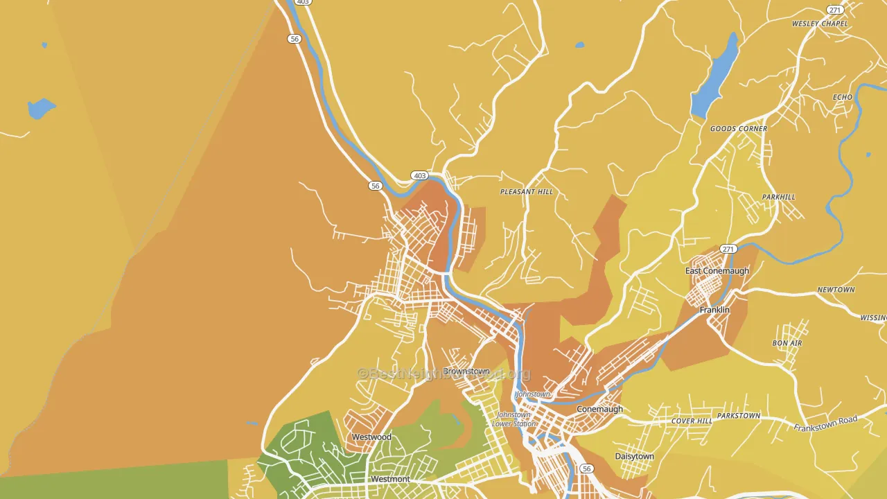 Map of the best neighborhoods in the 15906 area, with better matches in green and worse matches in red