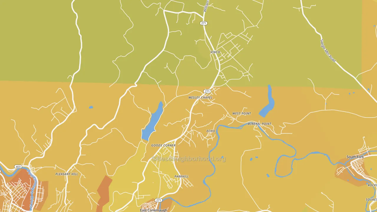 Map of the best neighborhoods in the 15909 area, with better matches in green and worse matches in red
