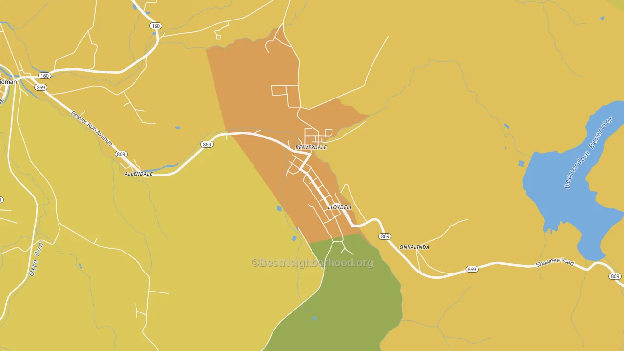 Map of the best neighborhoods in the 15921 area, with better matches in green and worse matches in red