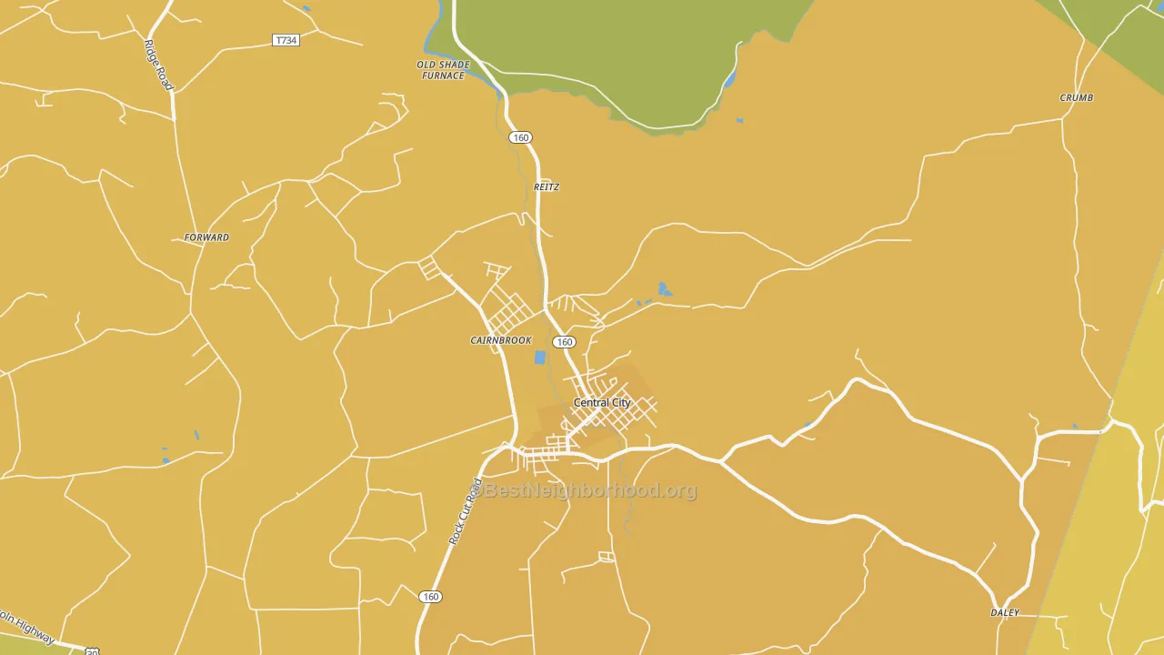 Map of the best neighborhoods in the 15924 area, with better matches in green and worse matches in red