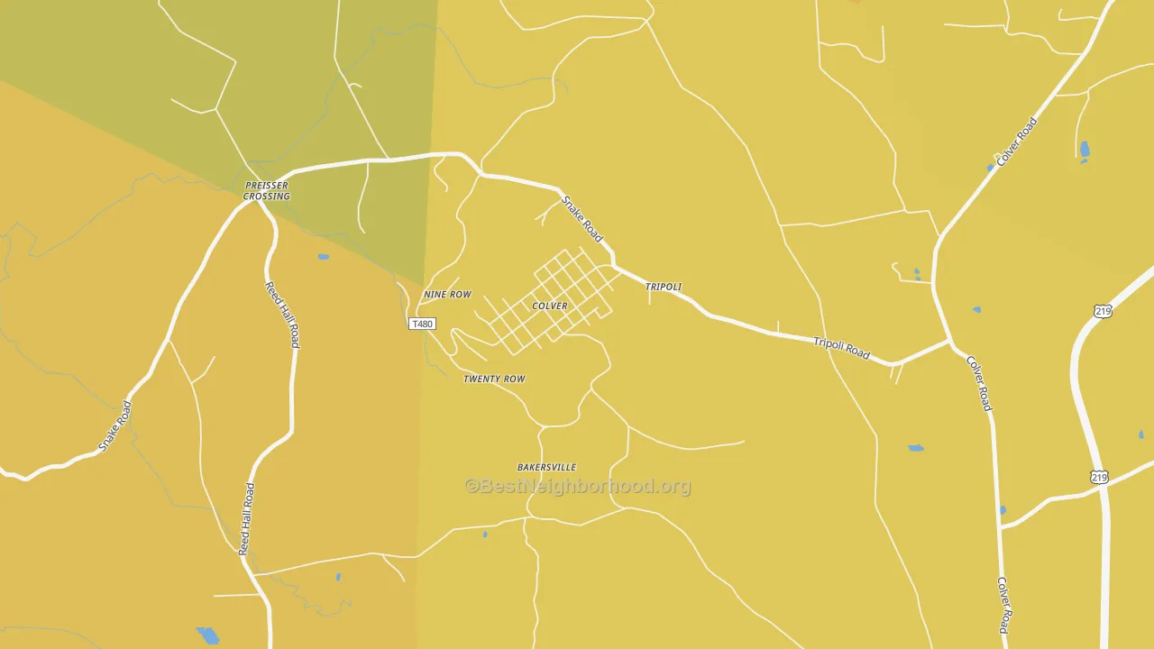 Map of the best neighborhoods in the 15927 area, with better matches in green and worse matches in red